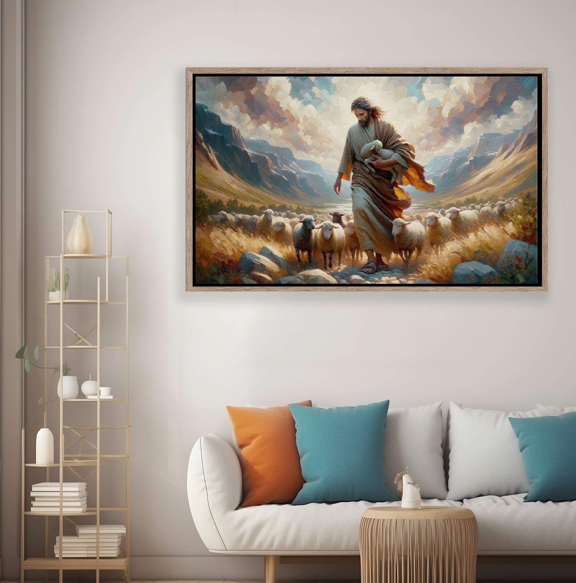 Jesus and Lost Sheep Poster, Framed Oil Paint Poster, Religious Decor, Christian Wall Art, Poster Gift, Inspirational Home Decor